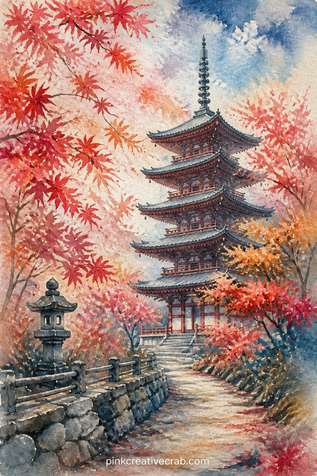 Pagoda Among Autumn Maples printable page — A five tiered pagoda rises among maple trees turning red and gold, a narrow path and a low stone wall leading the