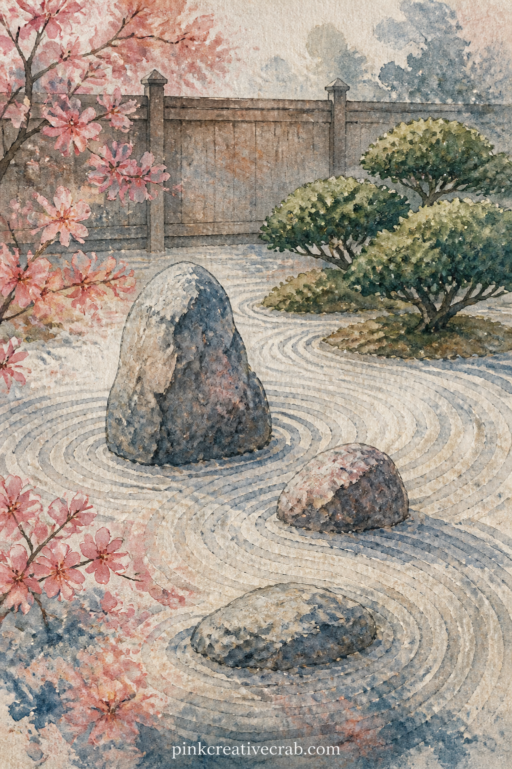 Zen Garden With Raked Gravel printable page — Write a short line about patience or stillness along the lower edge of this one, since the raked gravel and three