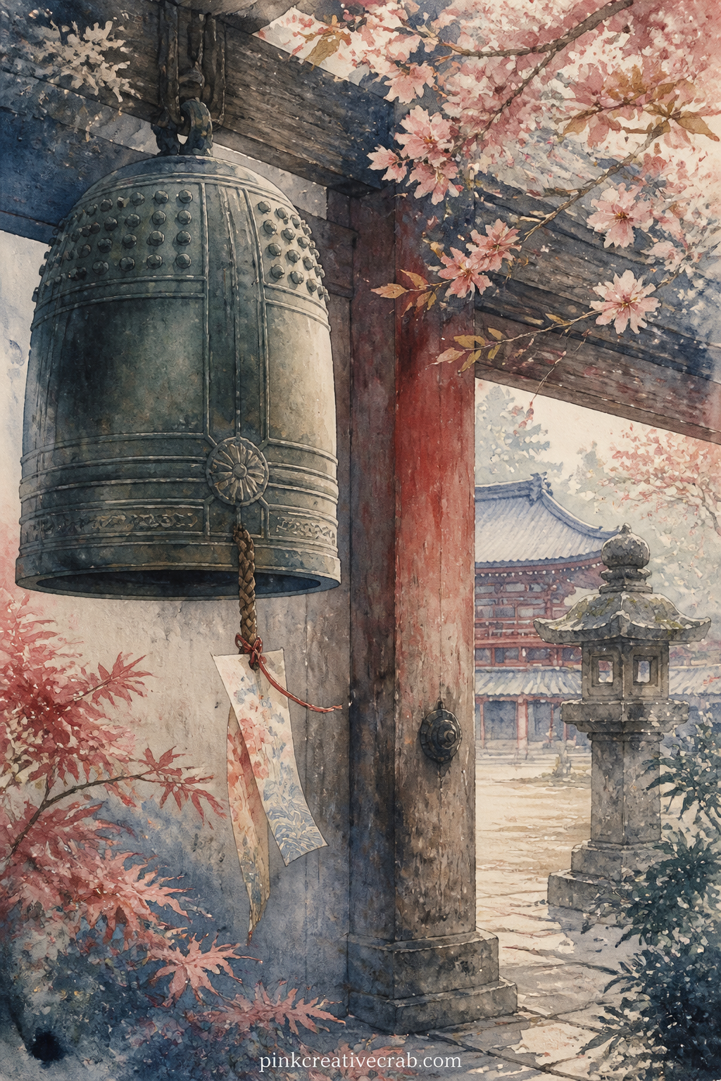 Temple Bell And Wooden Gate printable page — A large bronze temple bell hangs beside a weathered wooden gate, a paper charm tied to its rope and a stone
