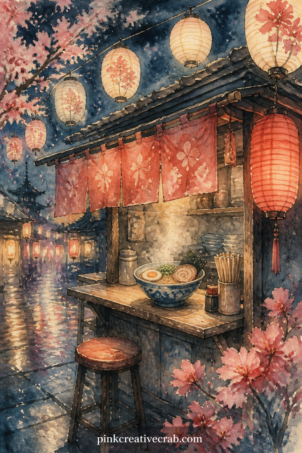 Ramen Stall Under Paper Lanterns printable page — Steam rises from a bowl at a small ramen stall lit by strings of paper lanterns, a stool, a hanging curtain