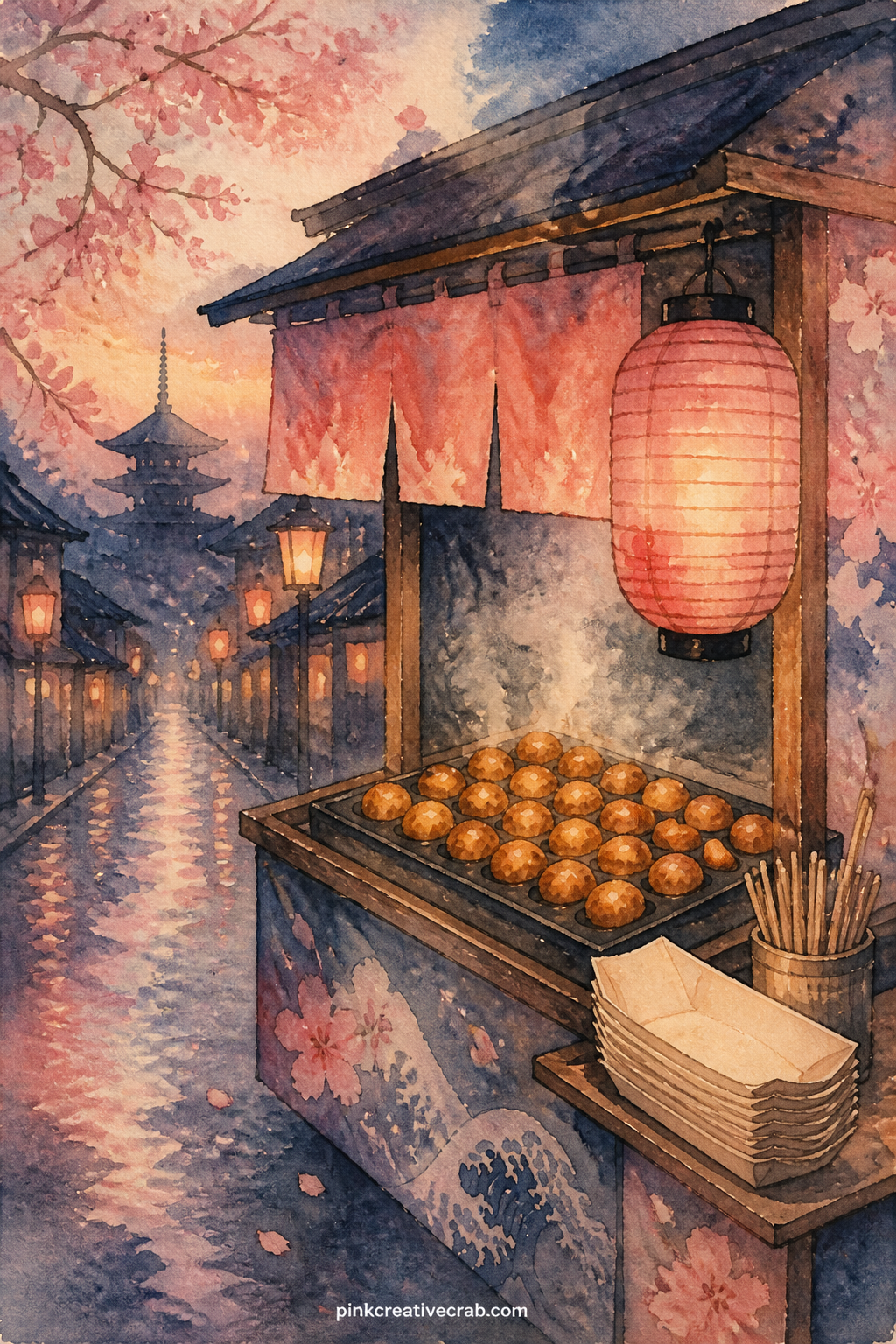 Takoyaki Cart At Dusk printable page — A small takoyaki cart sits at the edge of a quiet street as dusk falls, its griddle dotted with batter balls, a stack of