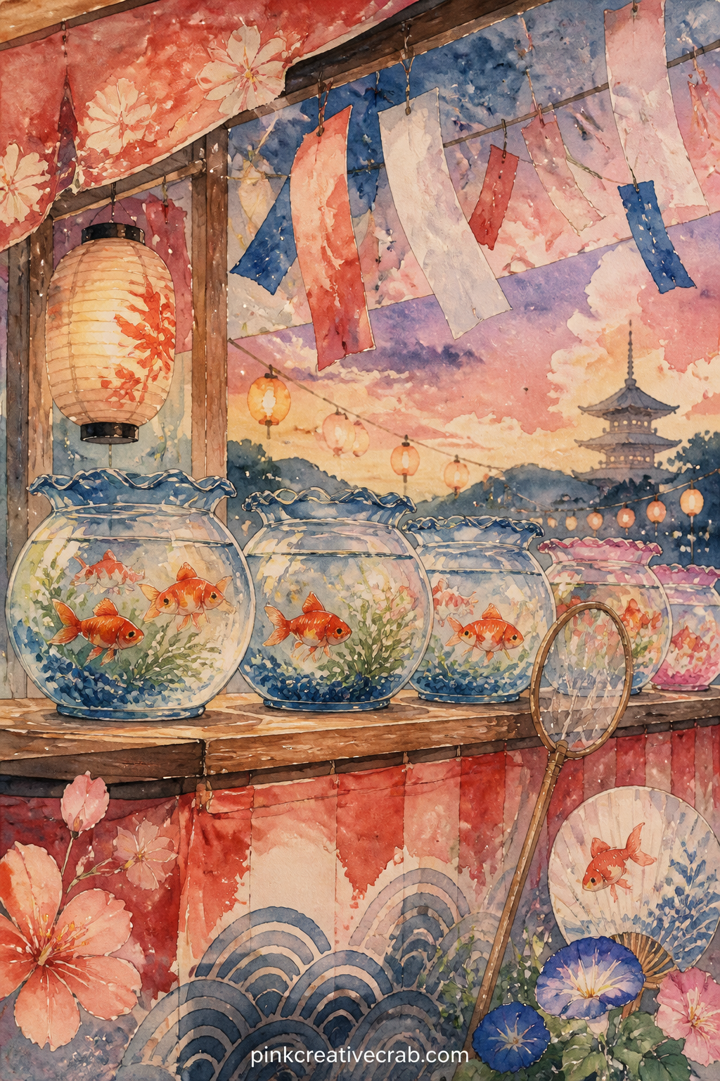 Festival Stall With Goldfish Bowls printable page — Round goldfish bowls line the counter of a summer festival stall, paper streamers strung overhead and a