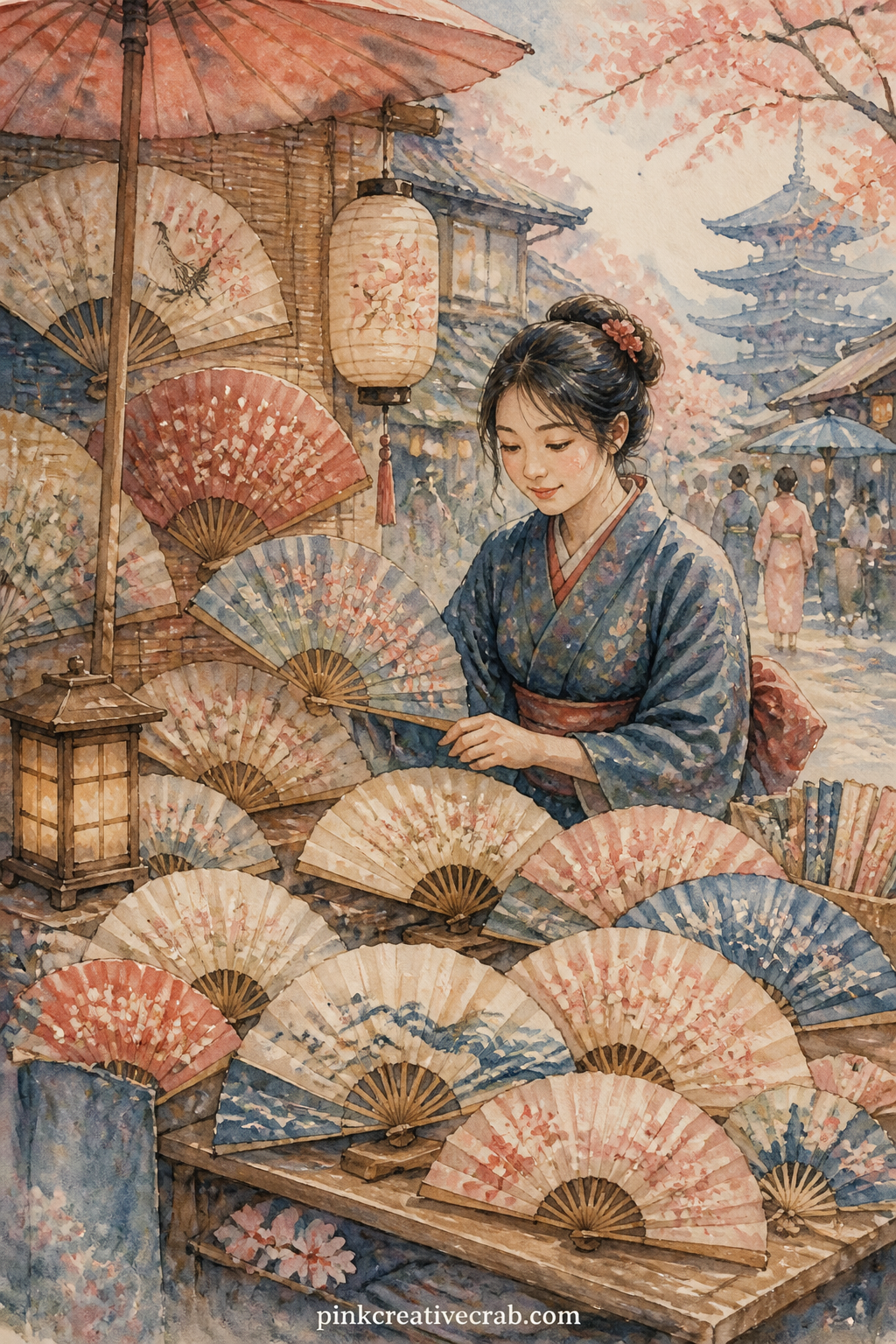 Street Vendor Selling Paper Fans printable page — A low wooden table is covered in folded paper fans of different patterns, a small lantern and a hand written