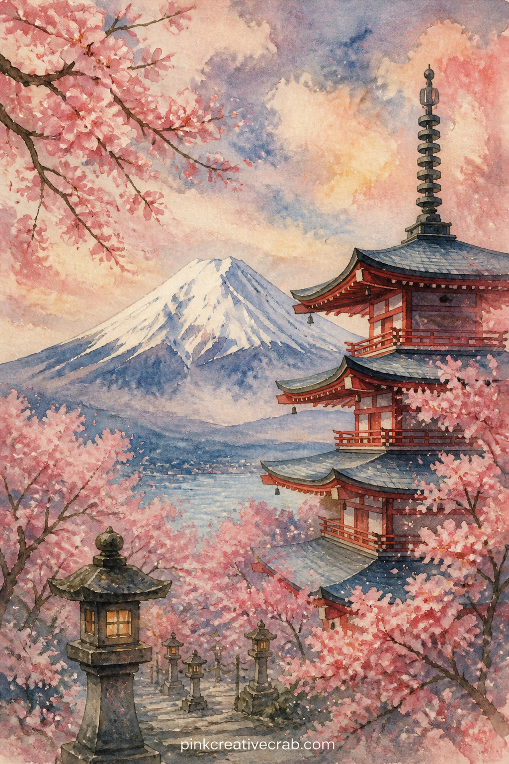 Mount Fuji Behind The Pagoda printable page — Mount Fuji rises pale and snow capped behind a red pagoda and a row of cherry trees, the classic view travelers