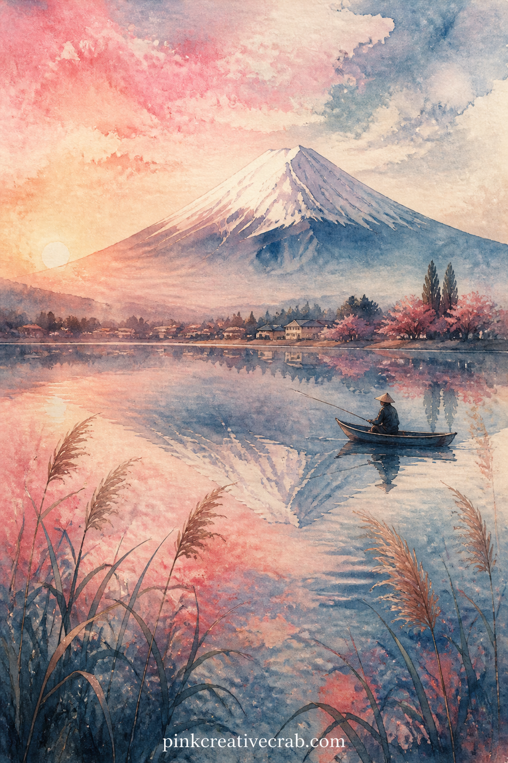 Fuji Reflected In Lake Kawaguchi printable page — The mountain's reflection breaks gently across still lake water, a small fishing boat and a line of reeds set