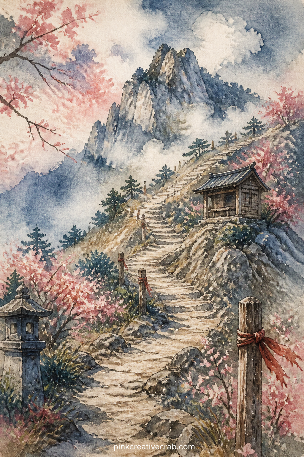 Hiking Path Toward The Summit printable page — A narrow hiking path winds up a rocky slope dotted with small trail markers and a lone wooden rest hut, the