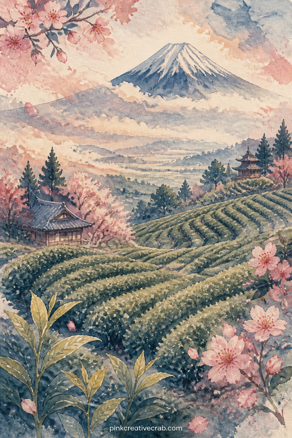 Tea Fields Below The Mountain printable page — Neat rows of green tea bushes curve across a hillside with a distant mountain peak floating above the morning
