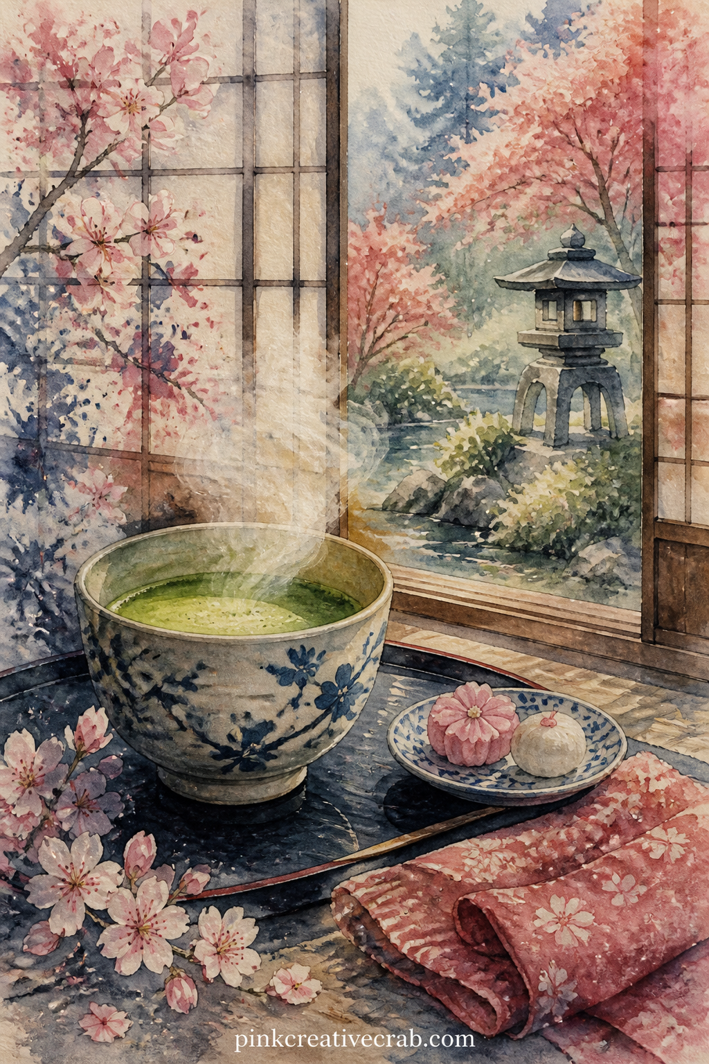 Tea House Window With Steam Rising printable page — Steam curls from a cup of matcha set on a low table beside an open paper screen window, with a small dish