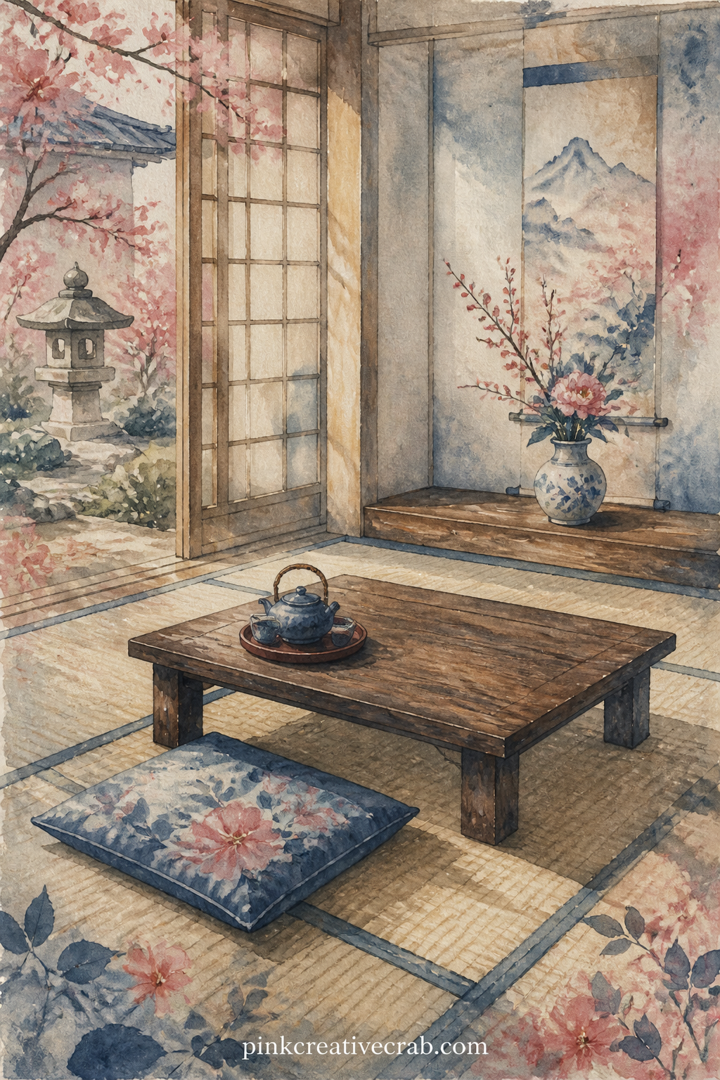 Tatami Room With Low Table printable page — What question would you ask of this room if it could answer: who sat here before you, and what were they waiting