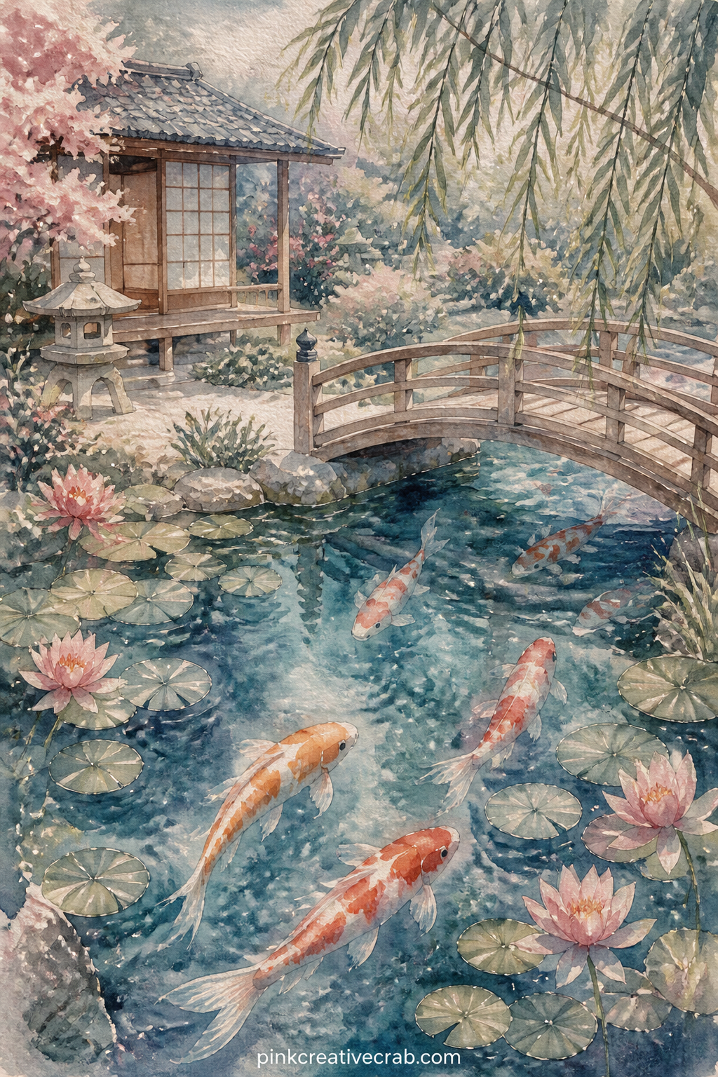 Koi Pond Beside The Tea House printable page — Orange and white koi glide beneath a small wooden bridge near the tea house entrance, lily pads and a trailing