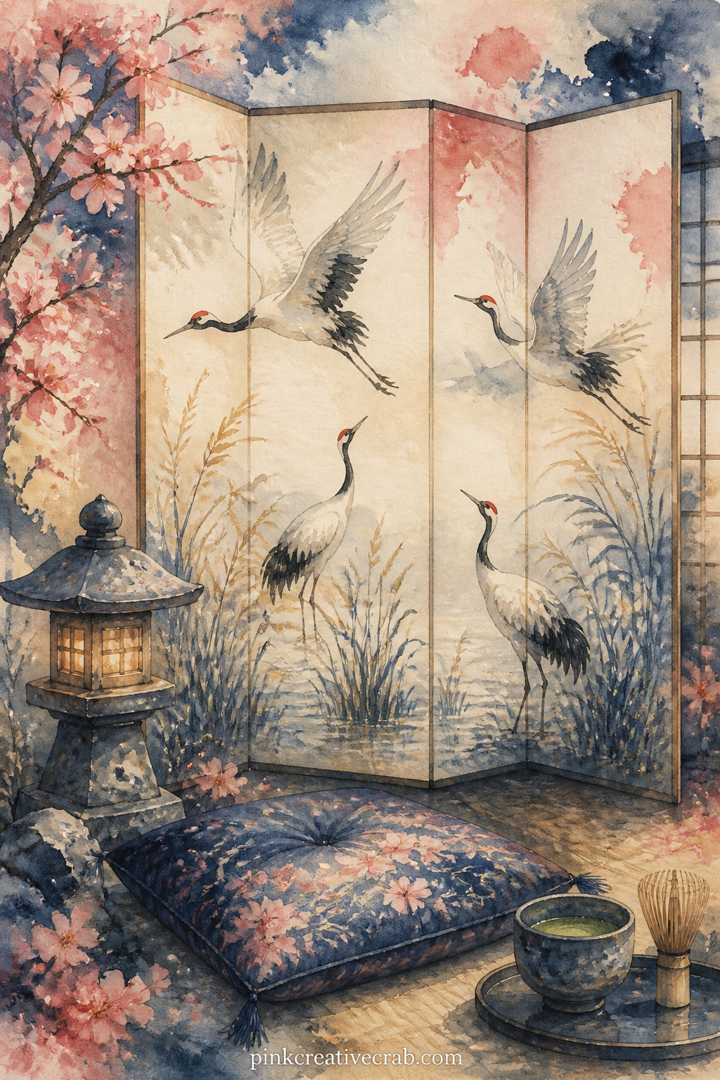 Folding Screen With Painted Cranes printable page — Place this page across from the koi pond page in your journal, letting the screen's painted cranes echo the