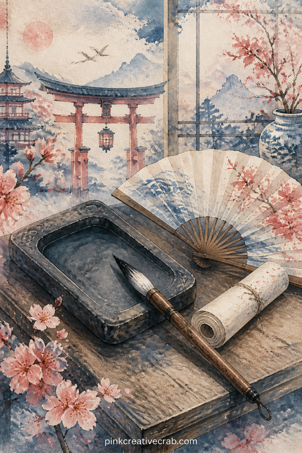 Ink Stone And Writing Brush printable page — Rest a travel ticket or a pressed leaf beside the ink stone here, since the small cleared desk space on this page