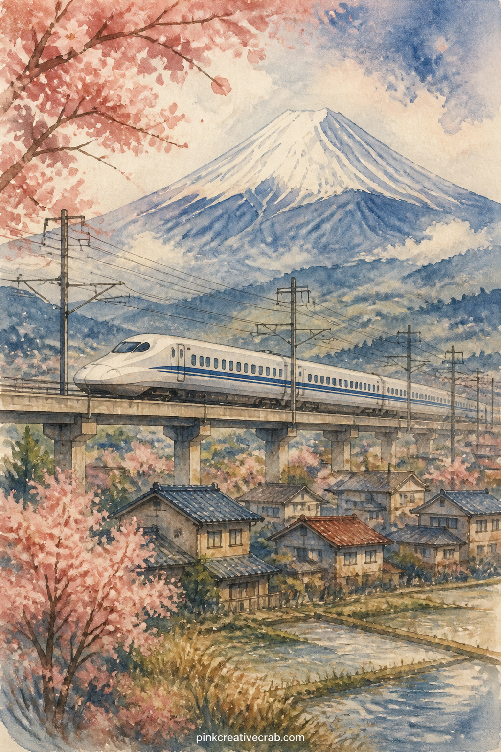 Bullet Train Passing Fuji printable page — A sleek bullet train races along the tracks with Mount Fuji rising pale behind it, telephone poles and a row of