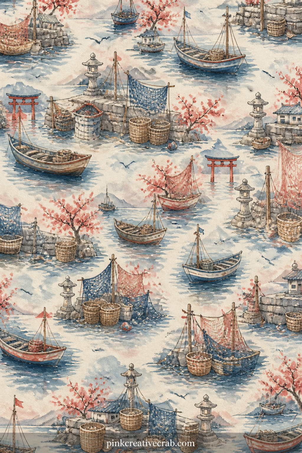Fishing Boats In A Harbor Village printable page — Small wooden fishing boats rest along a quiet harbor wall, drying nets and a stack of woven baskets set