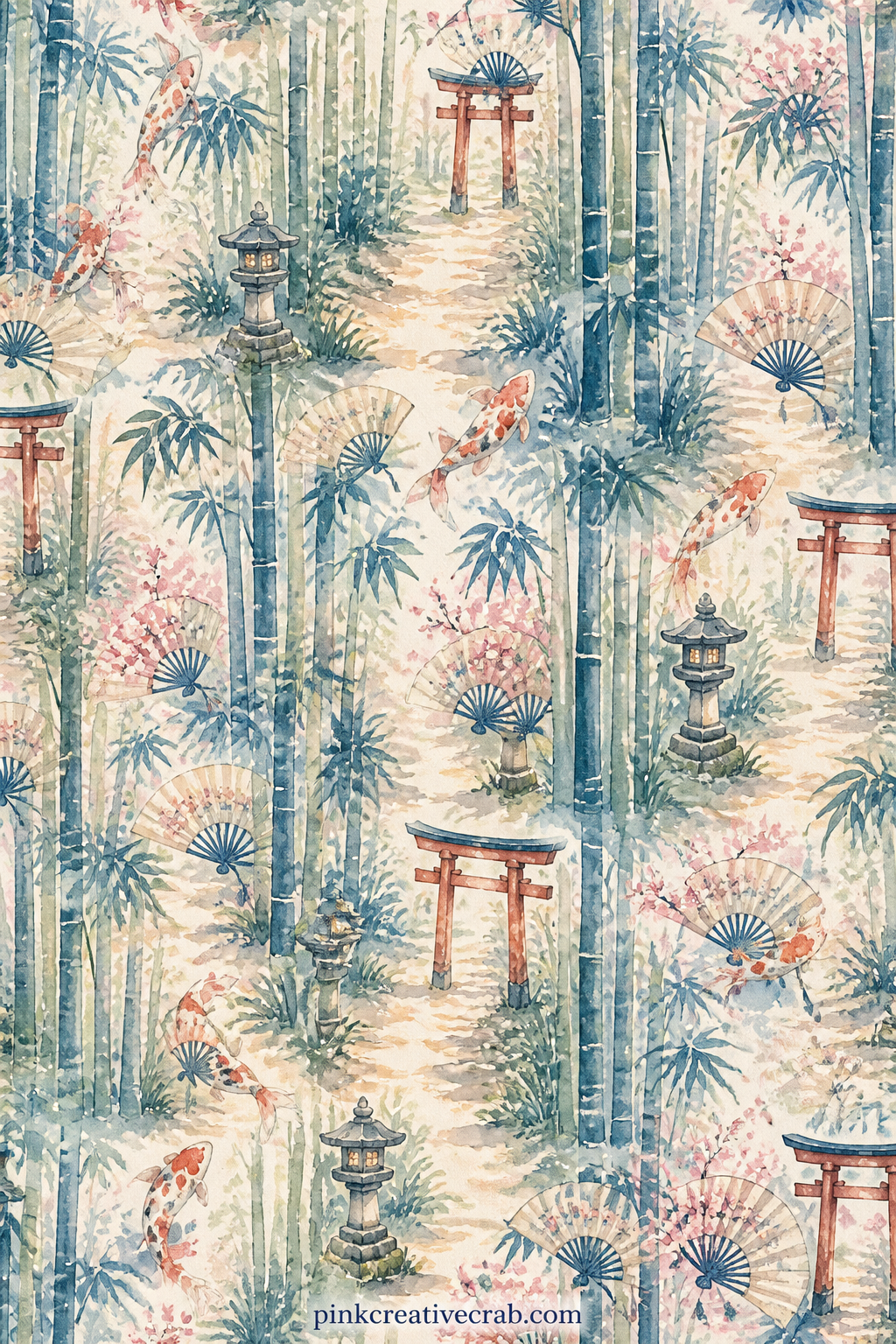 Bamboo Grove Path printable page — Tall bamboo stalks rise in soft rows along a narrow dirt path, light filtering down between them in pale green streaks.