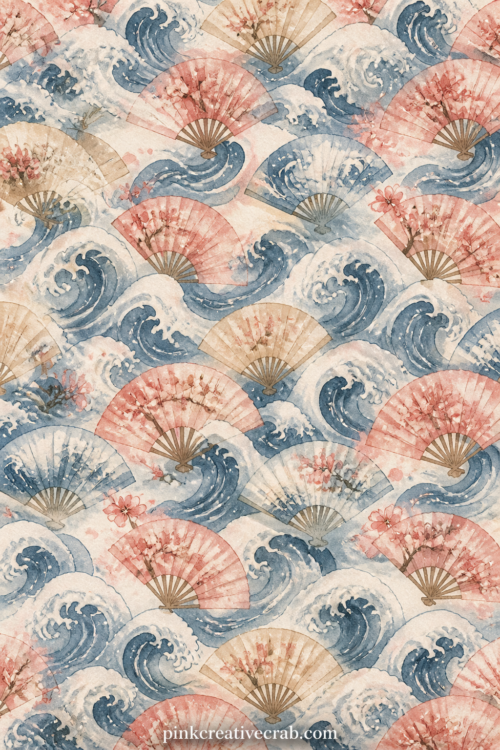 Wave And Fan Pattern printable page — Small curling waves and folded paper fans repeat in soft rows across the page. Japan junk journal