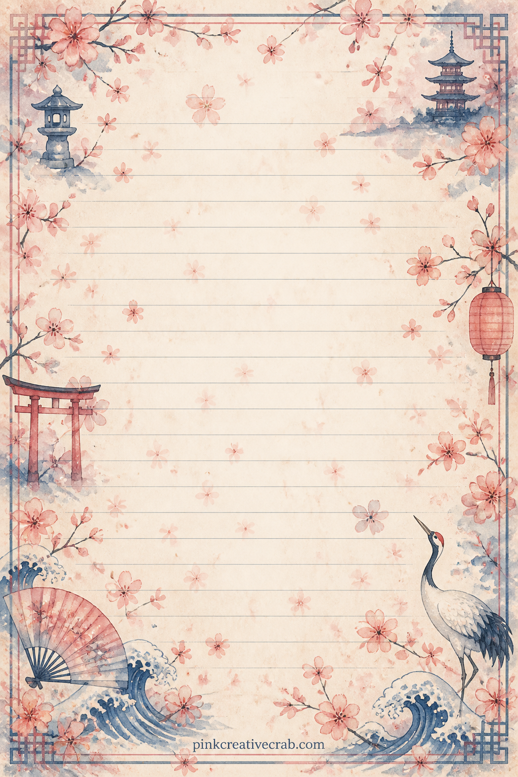 Cherry Blossom Scatter Background Paper printable page — Tiny five petal blossoms and thin branches scatter evenly over the whole sheet. Japan junk journal