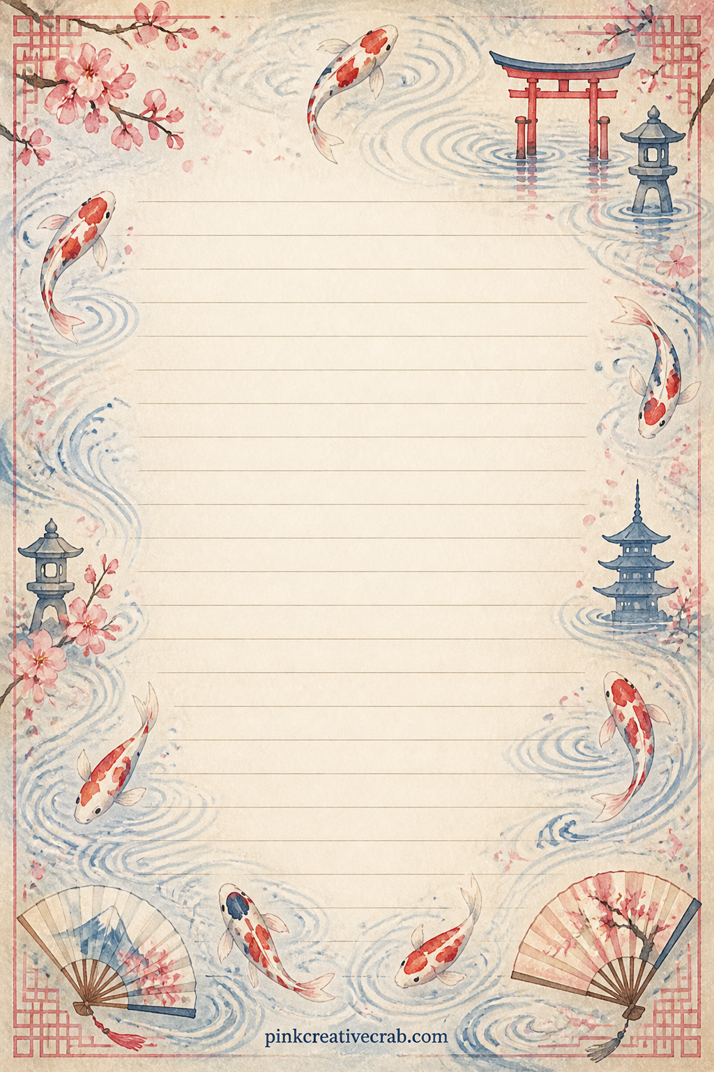 Koi And Ripple Pattern printable page — Small koi shapes drift among soft ripple lines repeated across the page. Japan junk journal