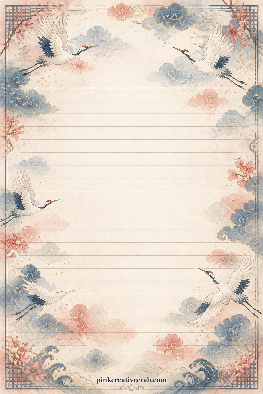 Crane And Cloud Damask printable page — Flying cranes and soft cloud bands repeat in a loose damask rhythm over the sheet. Japan junk journal