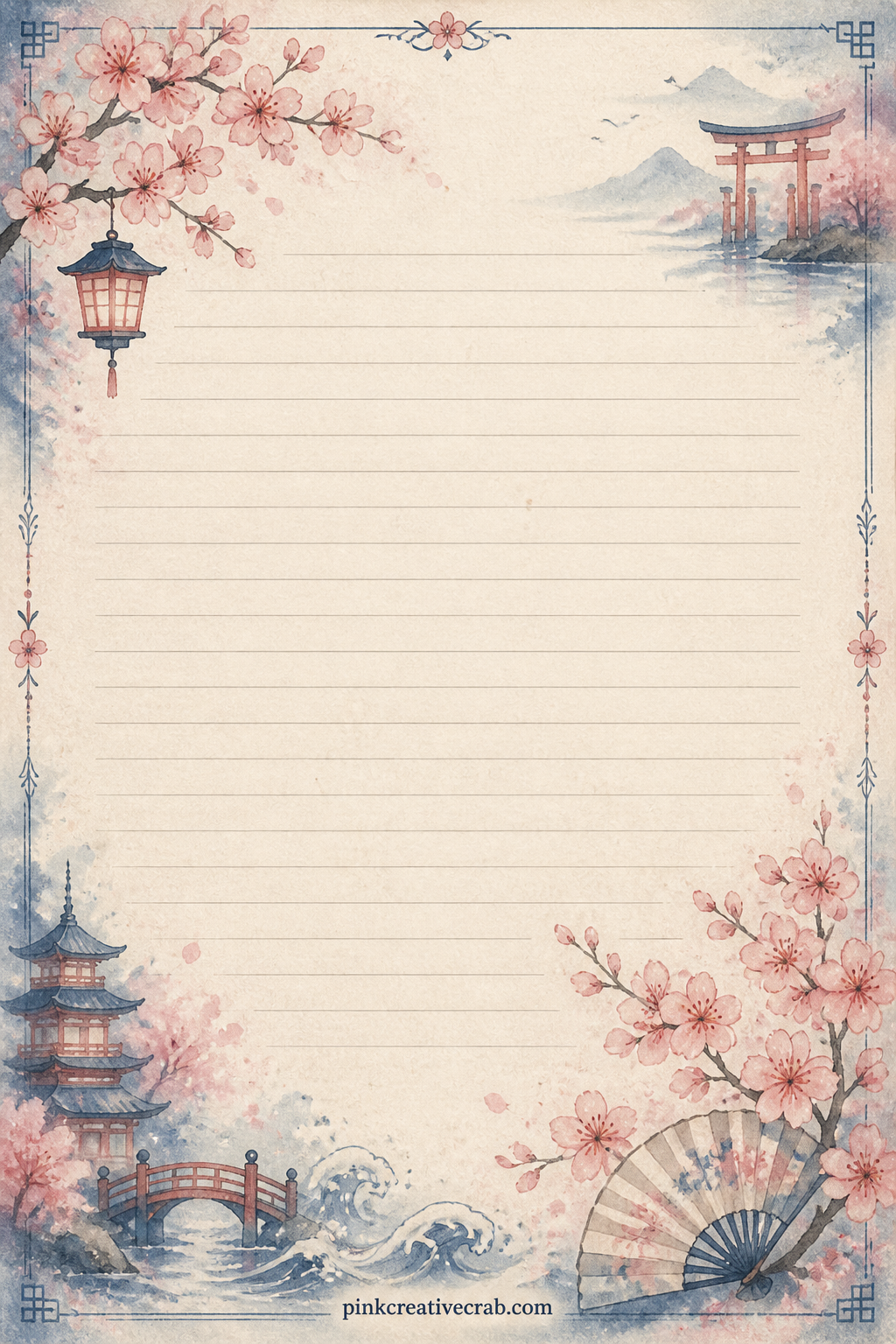 Cherry Blossom Corner Lined Page printable page — Faint blossom sprays mark two corners of this ruled page. Japan junk journal