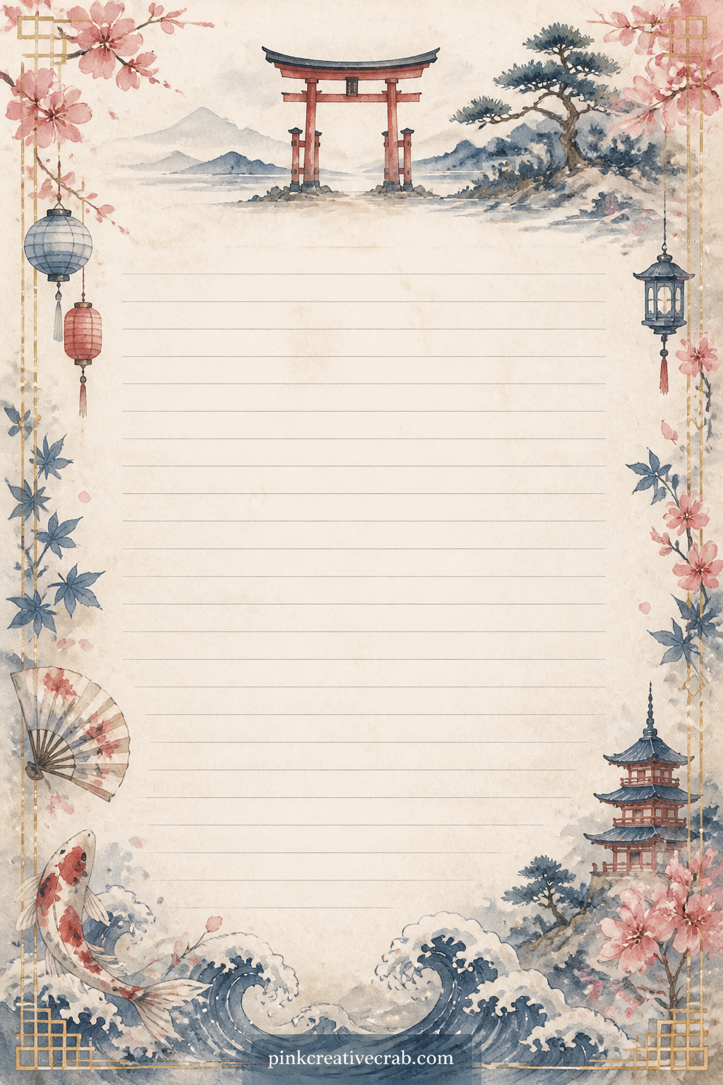 Torii Gate Border Lined Page printable page — A small red torii gate sits at the top of this ruled page with a thin band of pine along one side. Japan junk