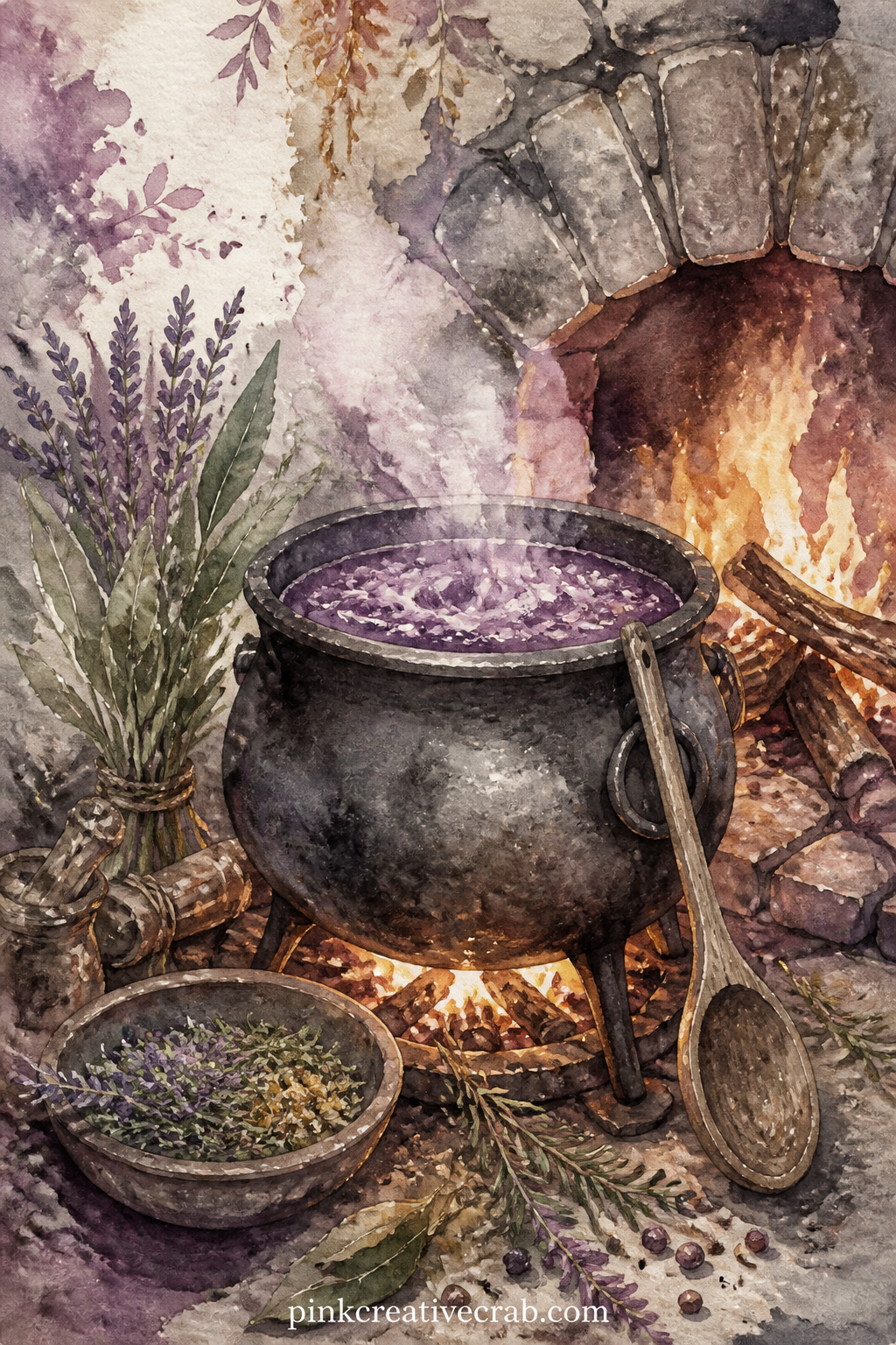 Bubbling Cauldron By The Hearth printable page — Glue in a torn scrap of real recipe paper or a tea bag wrapper beside the cauldron, as if a page from an old