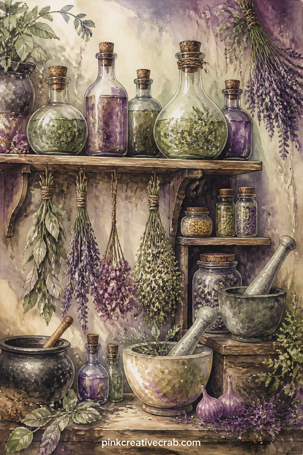 Witch's Kitchen Shelf printable page — Potion bottles, dried bundles and a chipped mortar crowd the shelf above a well-used worktable, painted in full from