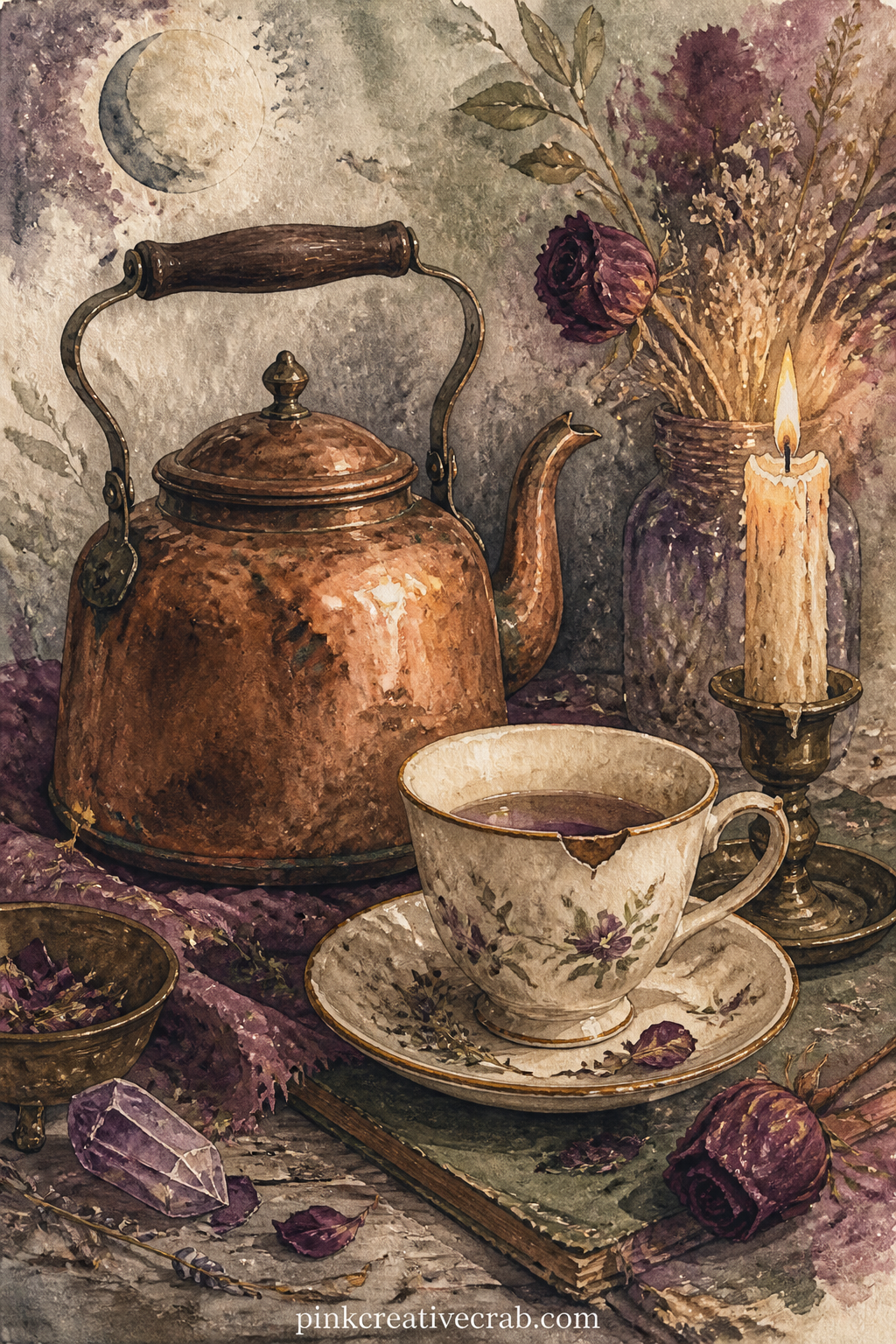 Kettle And Teacup By Candlelight printable page — A dented kettle steams beside a chipped teacup and a half-burned candle on a cluttered side table, with a