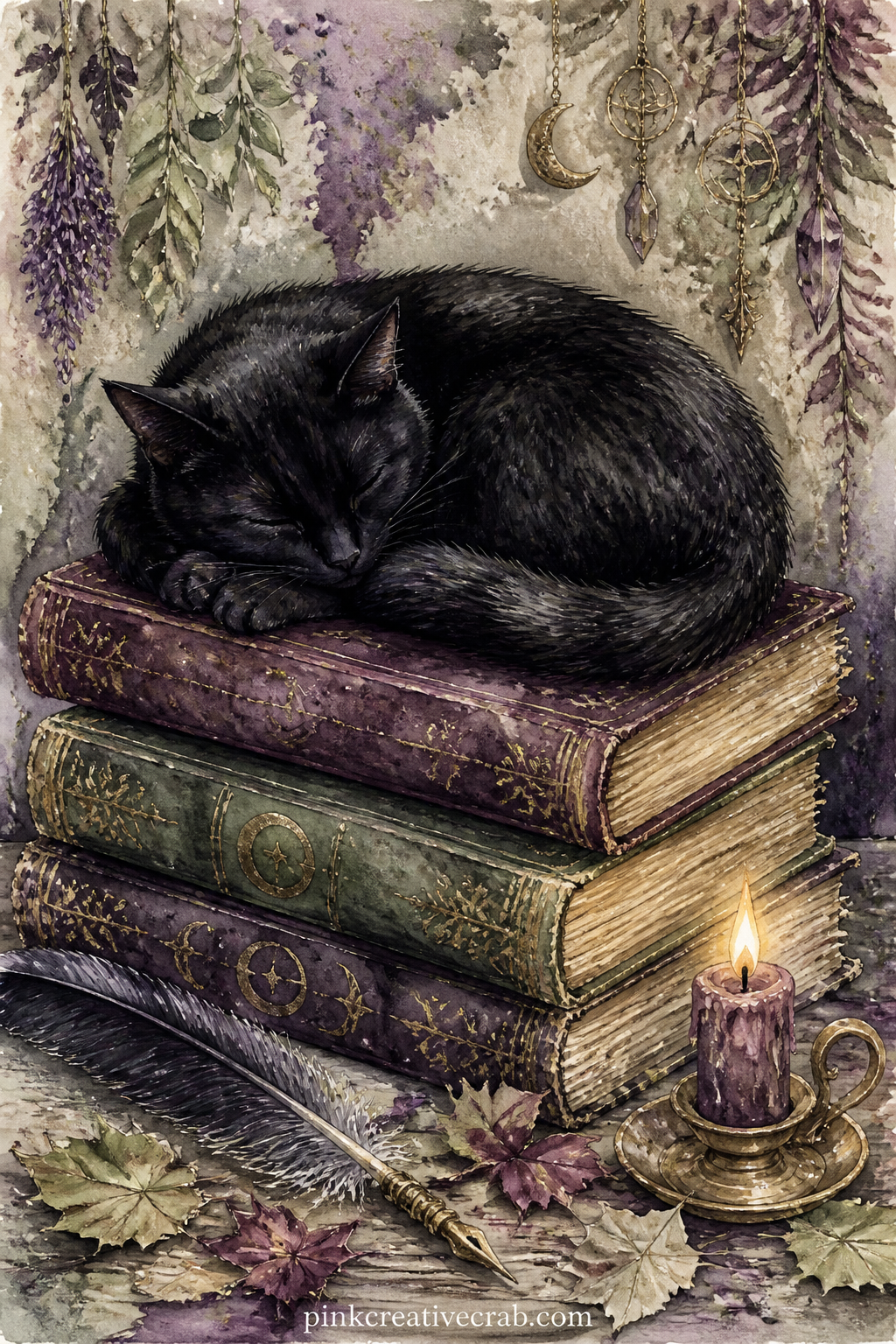Black Cat On Spell Books printable page — Write the day's small superstition or a line of kitchen magic along the bottom edge, something a grandmother might