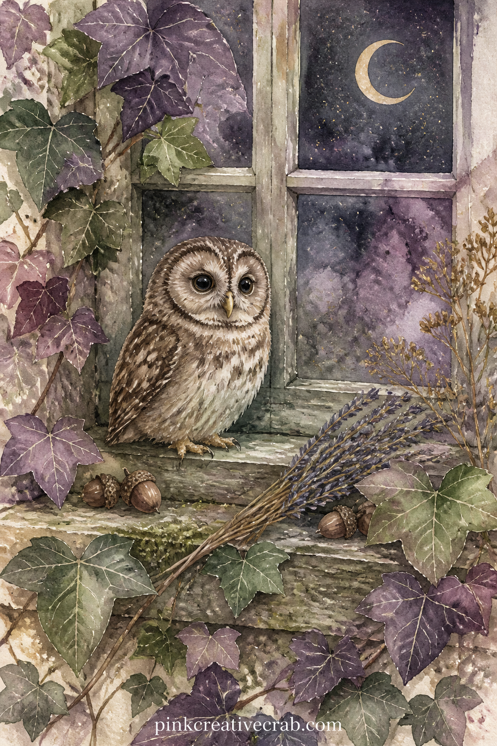 Owl On A Window Ledge printable page — Perched beside a cracked-open window with ivy creeping along the sill and a crescent moon rising outside, the owl