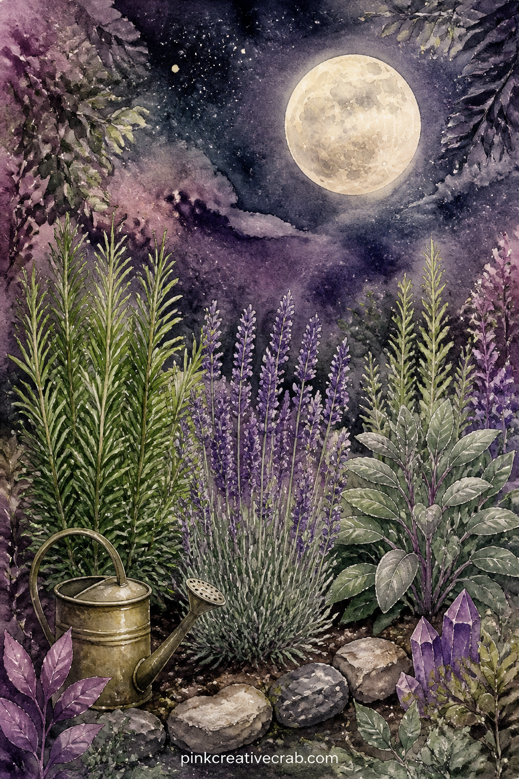 Herb Garden Under Full Moon printable page — The usual mistake with a moonlit garden page is painting the sky too pale, which flattens the whole scene; look