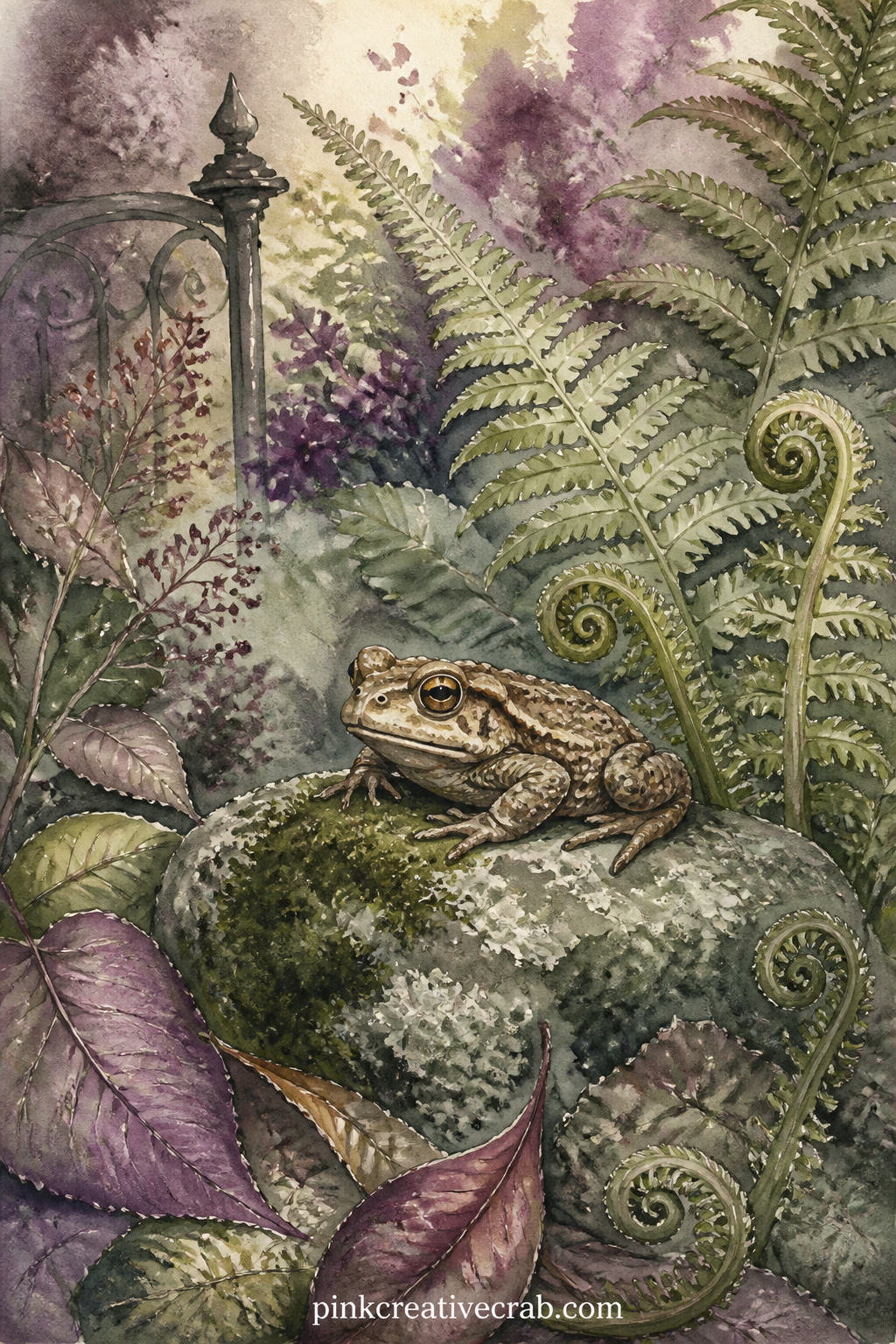 Toad On A Garden Stone printable page — A small toad sits on a mossy stone among curling ferns and a few fallen leaves, with a quiet dusk garden painted softly