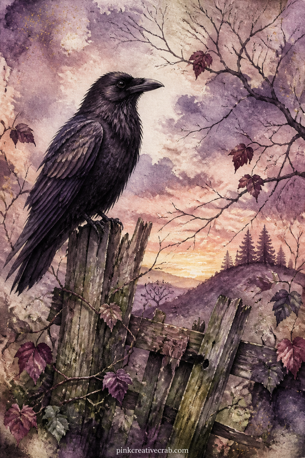 Raven On A Broken Fence printable page — This page suits the journaler who loves birds more than brooms: tuck it a few pages after the owl so the two familiars