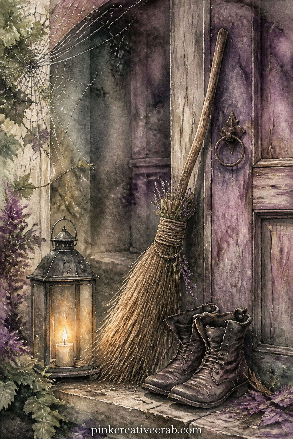 Broomstick Leaning By The Door printable page — Resting against a wooden door frame with a lantern and a pair of worn boots nearby, the broomstick waits for