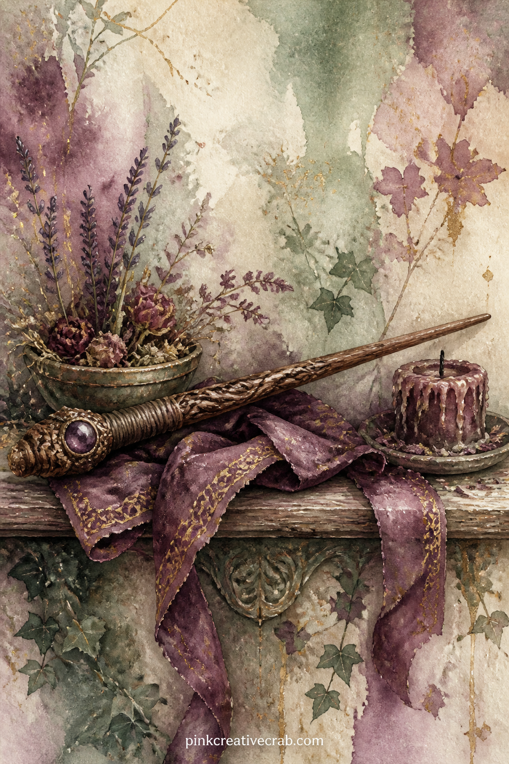 Wand And Ribbon On A Shelf printable page — A carved wooden wand rests across a folded ribbon on a narrow shelf, with a small dish of dried flowers and a stub