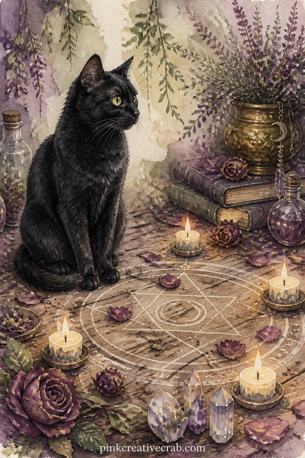 Cat Familiar At The Spell Circle printable page — Place this page across from the Herb Garden Under Full Moon scene a few pages back, so the chalk circle on