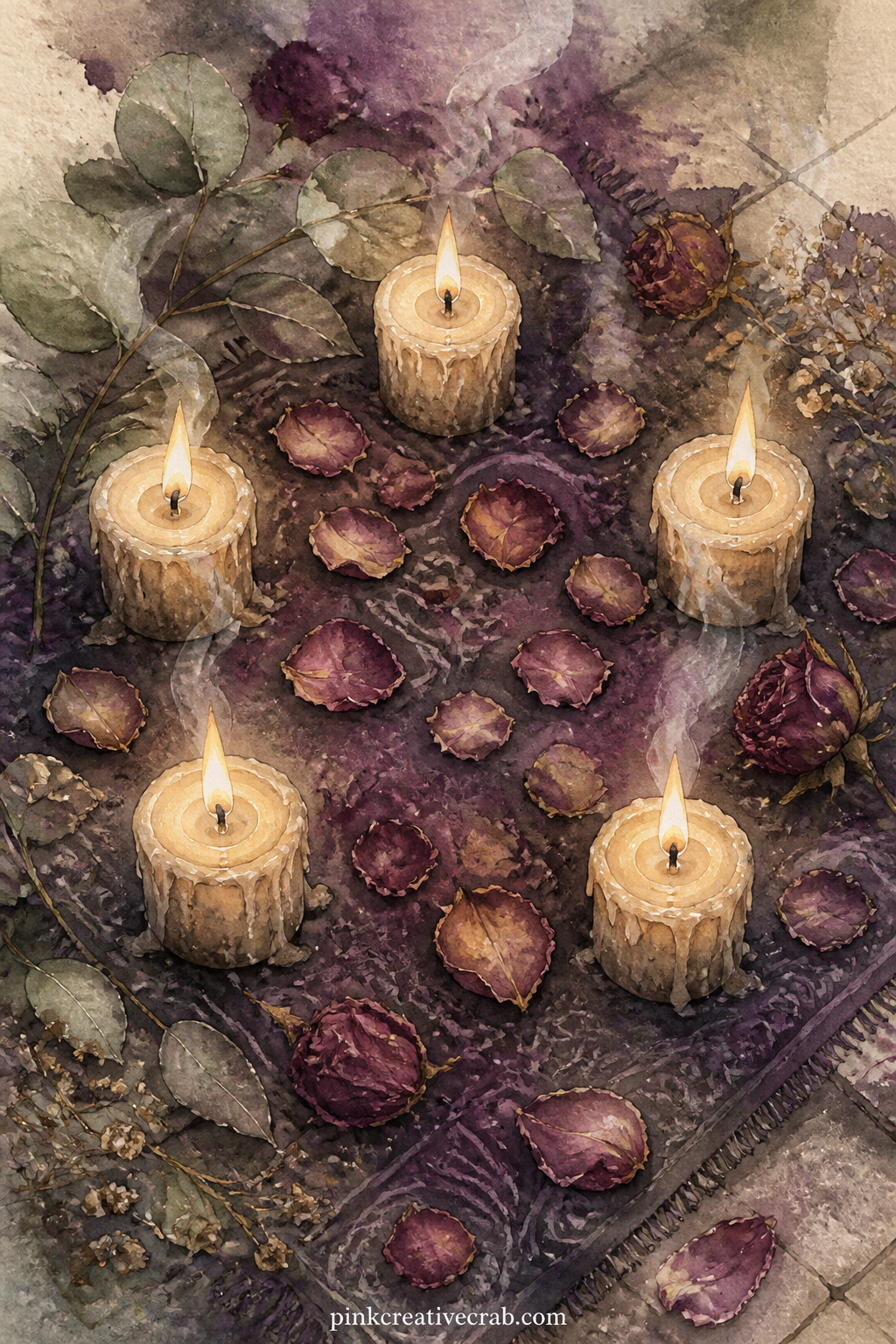 Candles And Petals In A Circle printable page — Five small candles ring a loose scatter of dried rose petals on a dark cloth, with a thin curl of smoke rising