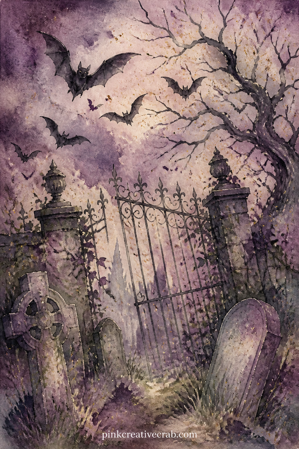 Bats Over A Graveyard Gate printable page — Small bats wheel above a leaning iron gate, with a few crooked headstones and a twisted tree painted into the dusky