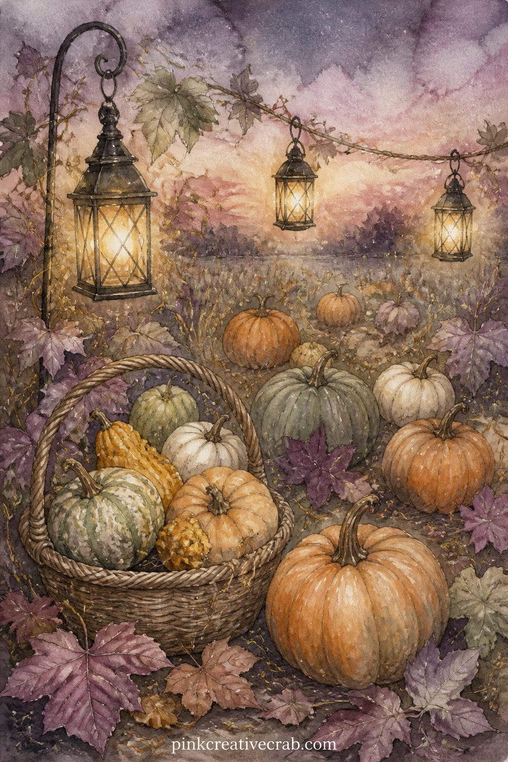 Pumpkin Patch By Lantern Light printable page — For gift journals, this page suits a friend who loves autumn more than spooky season, since the lanterns and