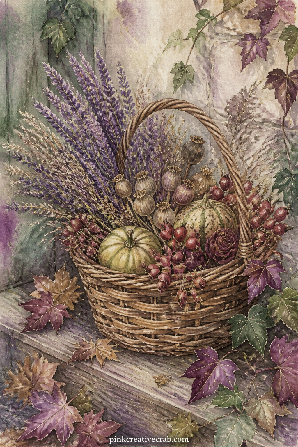 Harvest Basket With Dried Herbs printable page — A woven basket overflows with dried lavender, rosehips and small gourds, resting on a wooden step with a few