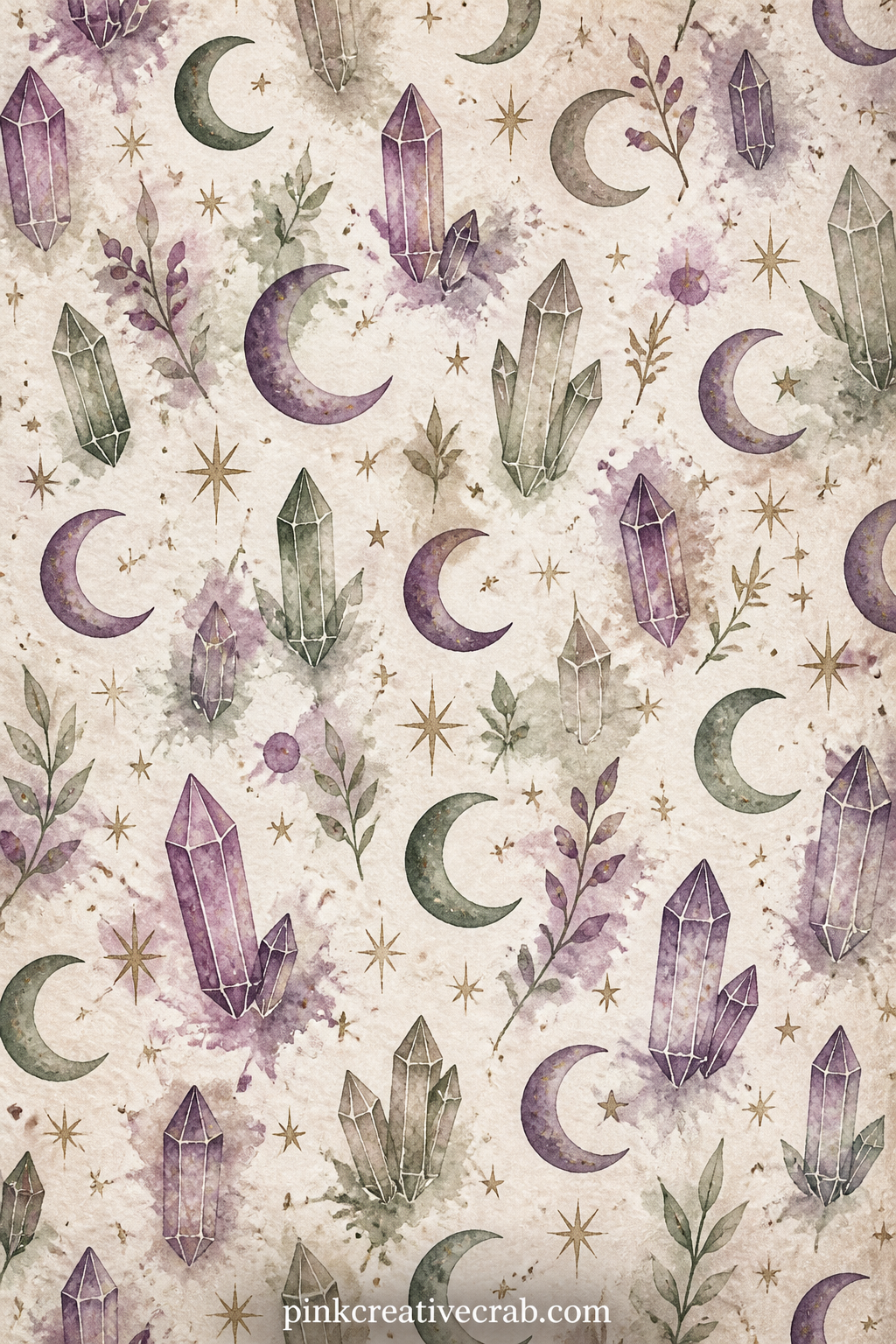 Moons And Crystals Pattern printable page — Small crescent moons and faceted crystals scatter evenly across the sheet in this set's dusty plum and gold