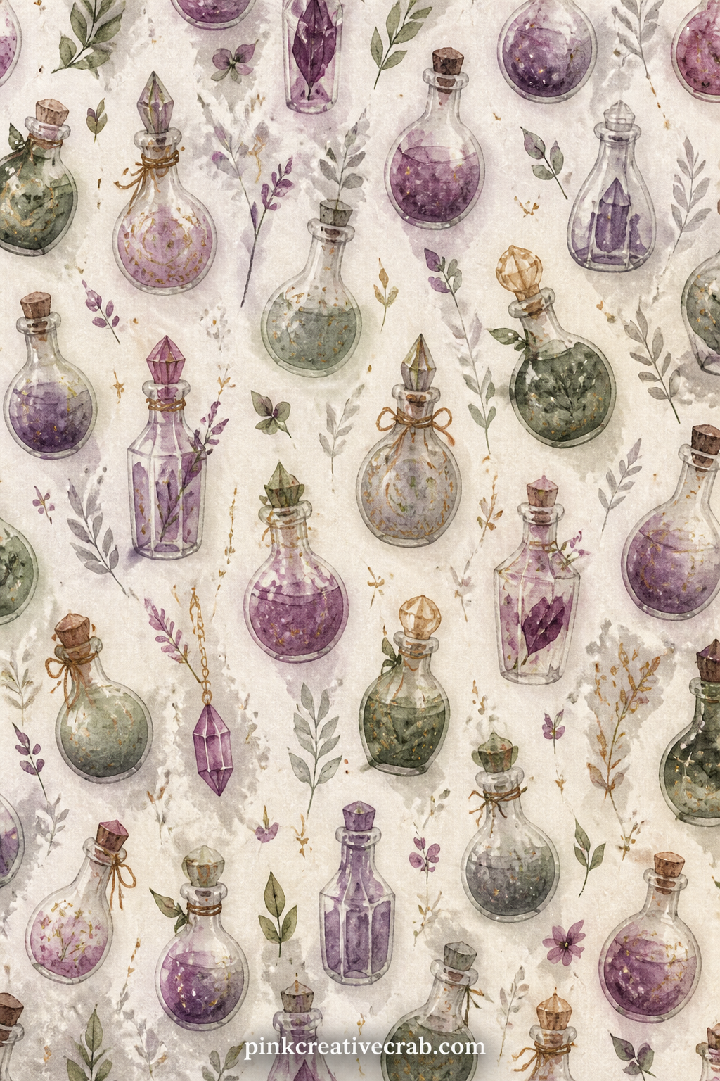 Potion Bottles Pattern printable page — Tiny potion bottles in varied shapes repeat in soft diagonal rows, ideal as a backing sheet behind a shelf photo, a