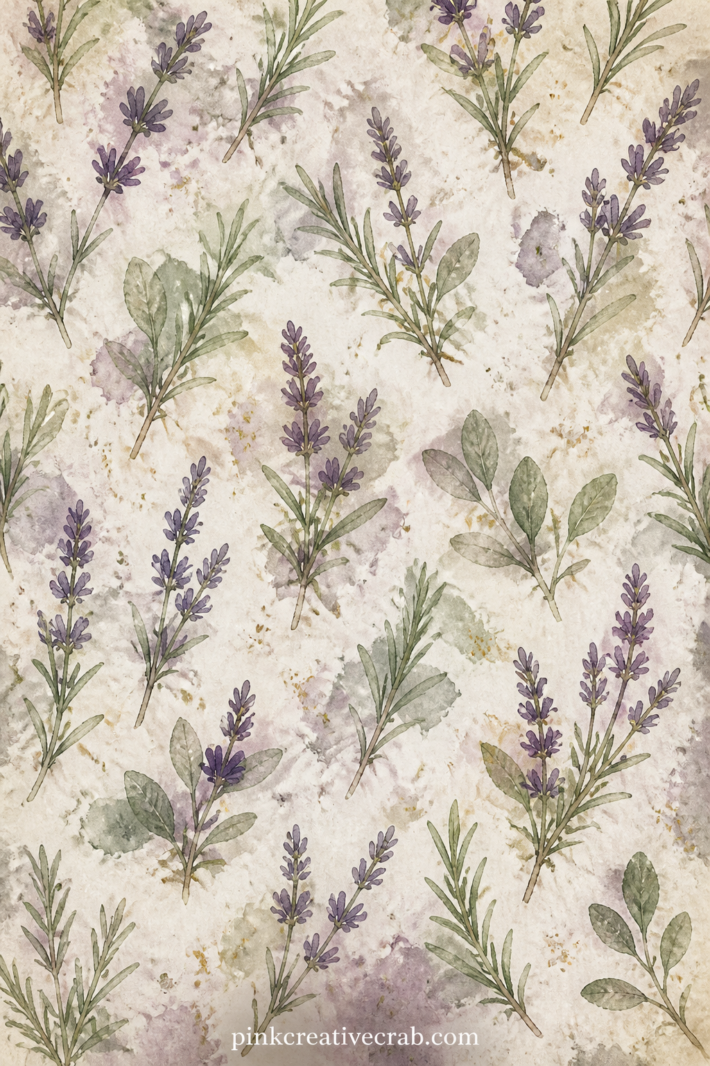 Dried Herb Sprigs Pattern printable page — Sprigs of lavender, rosemary and sage scatter loosely over the page, well suited to framing a pressed flower photo