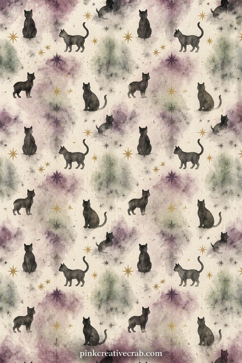 Black Cat Silhouette Pattern printable page — Small black cat silhouettes sit among scattered stars in a quiet repeating grid, good behind a pet photo, as a