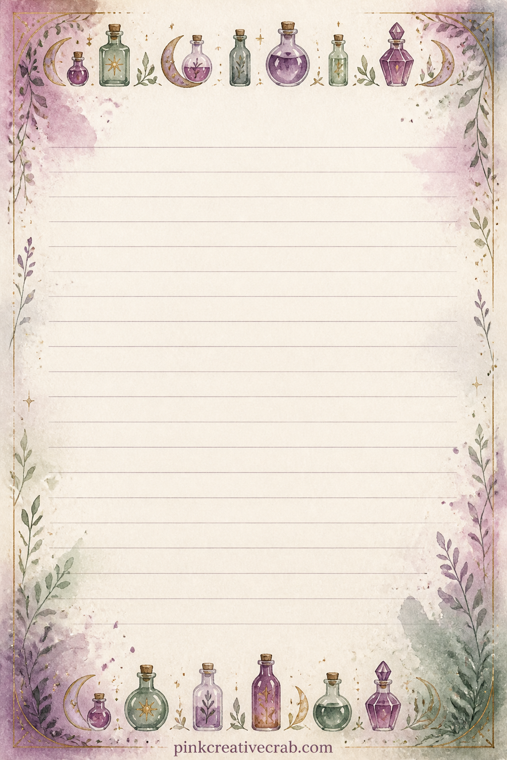 Spell Notes Lined Page printable page — A thin border of small bottles and crescent moons frames faint ruled lines down the middle, ready for a spell you