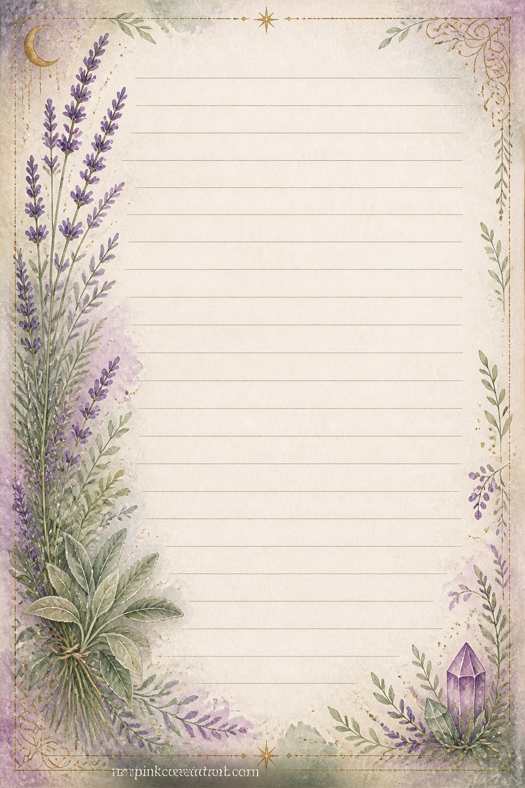 Herb Garden Lined Page printable page — Lavender and sage sprigs trail down one side of the page, leaving the ruled lines free for a planting list, a tea