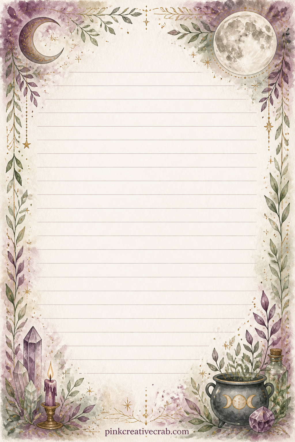 Full Moon Lined Page printable page — A soft crescent and full moon anchor the top corners above faint ruled lines, good for a dream you remember, a letter to