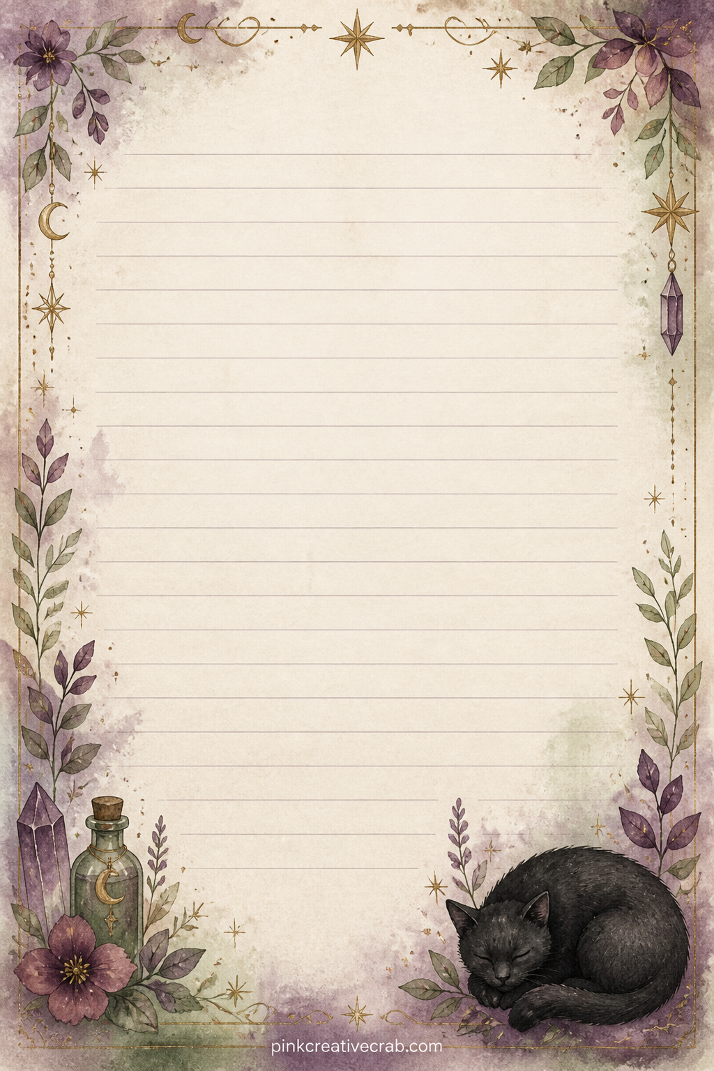 Black Cat Corner Lined Page printable page — A small black cat curls into one corner of the page, leaving the ruled lines open for a pet memory, a gift list