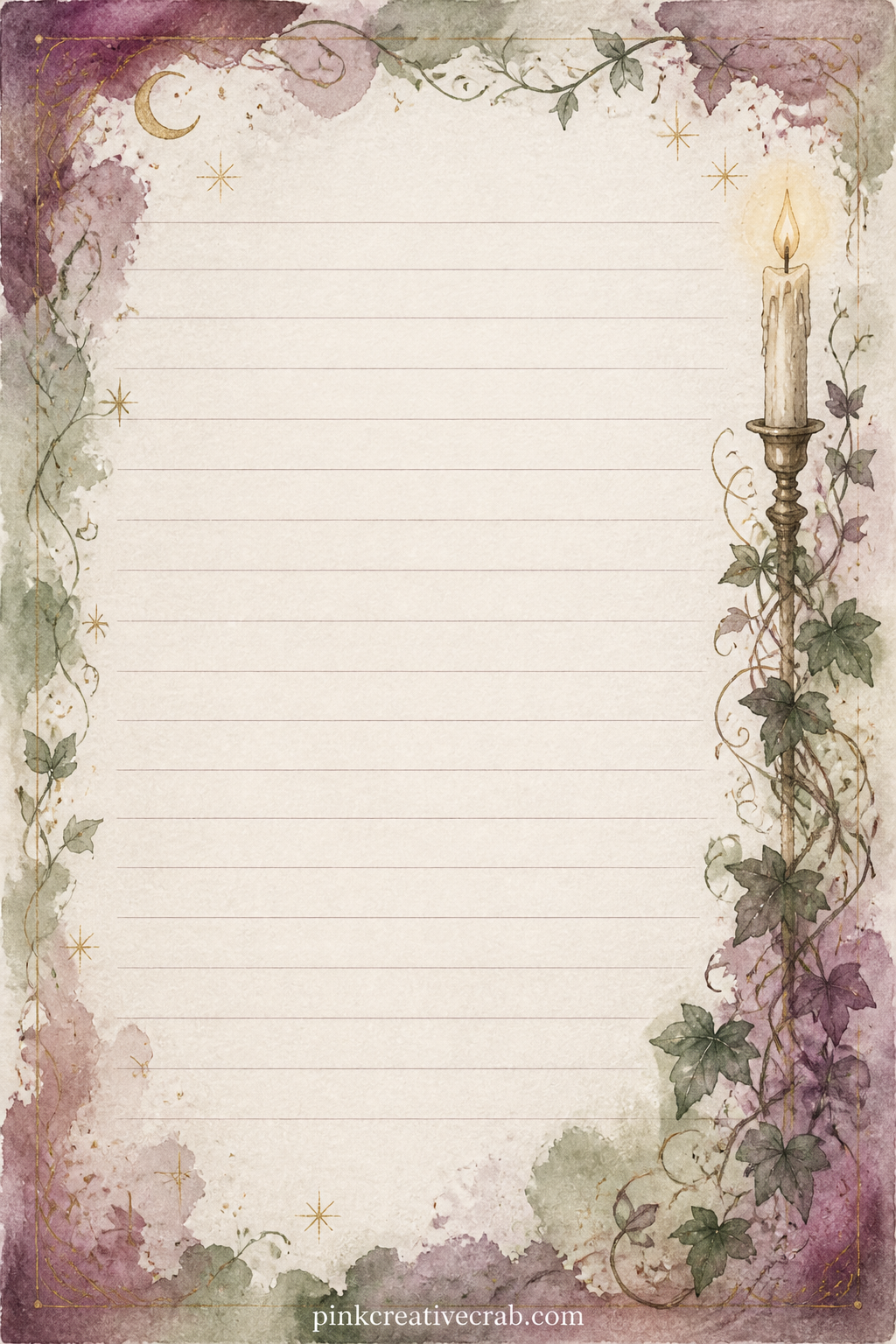 Candle And Vine Lined Page printable page — A slim candle and a trailing vine frame the right edge of the sheet, leaving room on the faint ruled lines for a