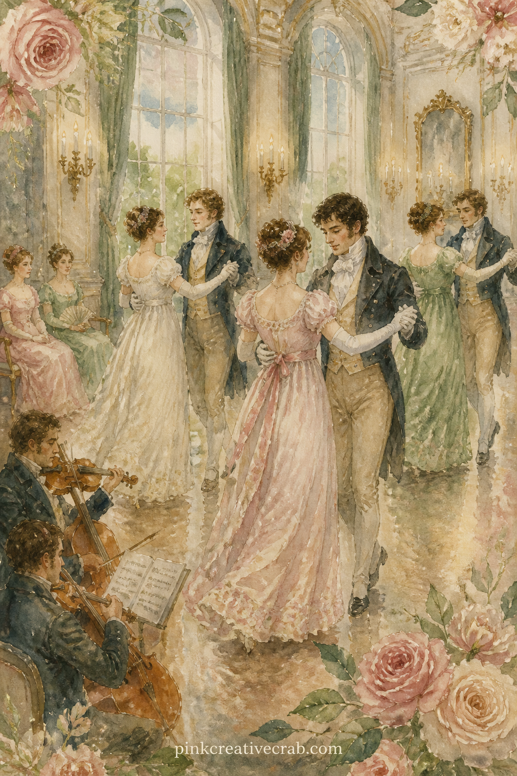 Regency Ballroom With Dancers printable page — Couples turn down the set beneath a row of candle sconces, skirts lifted mid step, while a cluster of chaperones